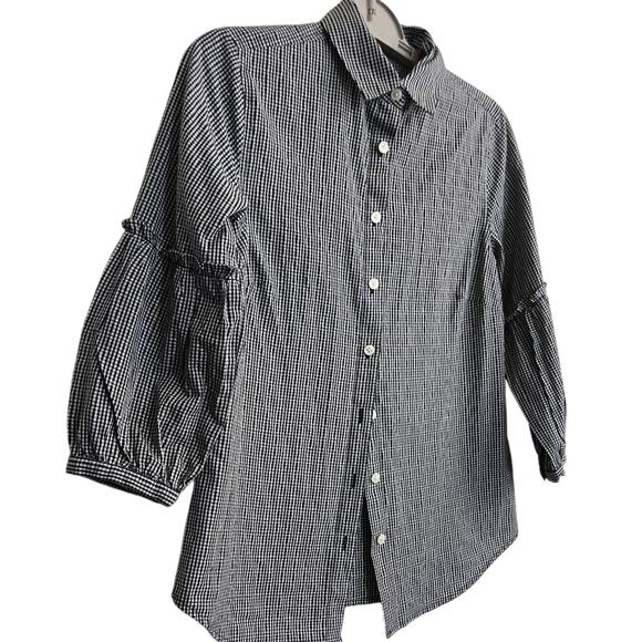 Gingham Blouse XXS Black White Check Button-Up Cotton Blend Tie Sleeve - Picture 2 of 9